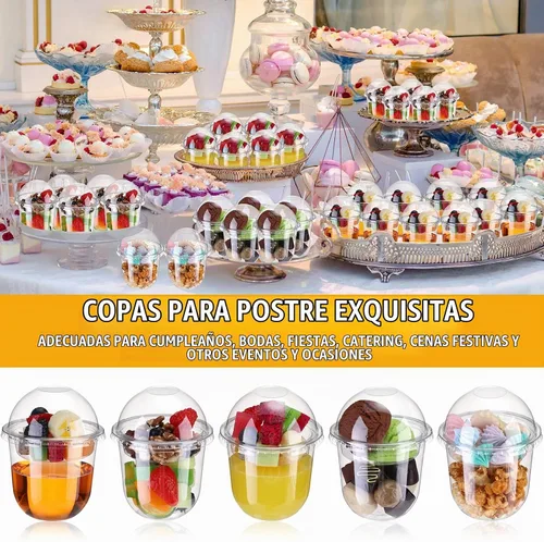 Vista 6 de 60 paquetes de tazas de postre transparentes de plástico con tapas de cúpula sin agujero, desechables, con cuchara-tenedor insertado, redondas