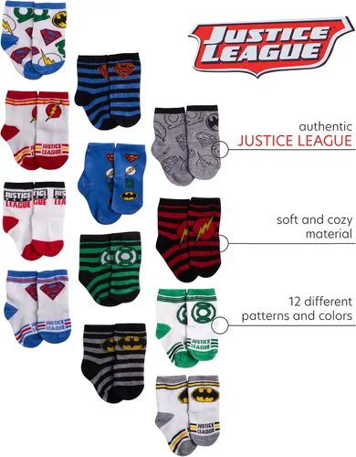 Vista 2 de DC Comics Calcetines para bebés niños y niñas, paquete de 12 calcetines de Batman, Wonder Woman, Superman, Liga de la Justicia, Super Girl (0-24M)