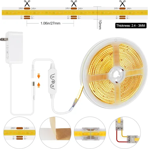 Vista 6 de Wefomey Tira de luz LED COB Blanco cálido a fresco 2700K-6500K, Tira de luz COB blanca brillante de 16.4 pies con control remoto y aplicación, 24V