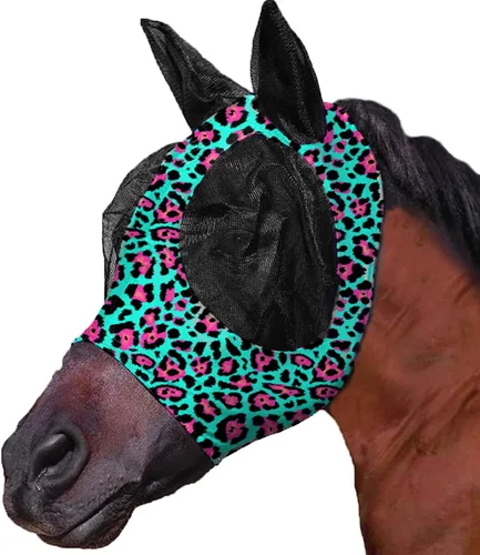 Vista 6 de Máscara de mosca de caballo UV mejorada con orejas, protector solar equino, licra silenciosa, elástica, con protección para los oídos