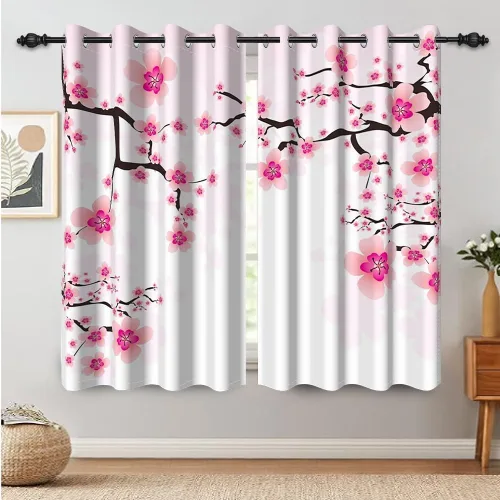 Vista 59 de Cortinas japonesas con pintura de tinta, monte Fuji, sol rojo, puesta de sol, hojas de bambú, cortinas de ventana para dormitorio, sala de estar