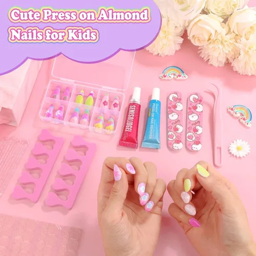 Vista 2 de 144 uñas postizas a presión con pegamento, kit de uñas postizas de almendra con calcomanías de gelatina y adhesivo constructor de uñas, lindas uñas