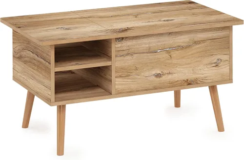 Vista 7 de Furinno Jensen Mesa de centro de madera para sala de estar, con compartimento oculto y estante de almacenamiento lateral abierto, roble Flagstaff