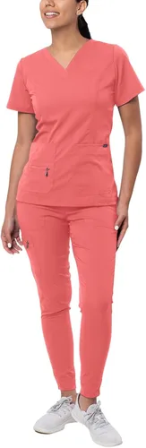 Vista 14 de Adar Pro Scrubs for Women Set - V-Neck & Jogger Cargo Pants, 7 Pockets Blanco