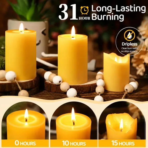 Vista 5 de Velas de pilar de cera de abeja natural, no tóxicas, 2 x 3 pulgadas, paquete de 6, 192 H de combustión larga Amarillo