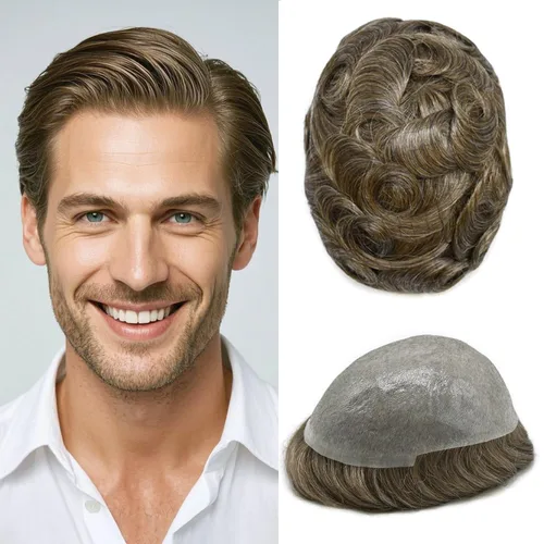 Vista 23 de Toupee para hombres Piezas de pelo fino mono para hombre Toupee sistema de reemplazo de pelo para hombres línea capilar natural para hombre postizo