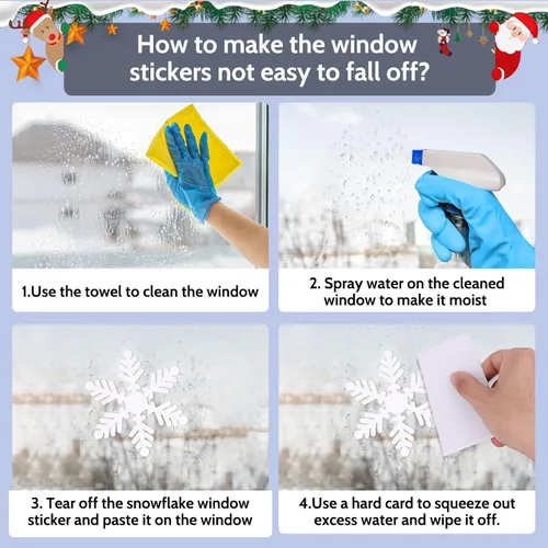 Vista 4 de Calcomanías de ventana de copos de nieve de Navidad, 108 piezas de calcomanías de copos de nieve blancos, calcomanías grandes de copo de nieve