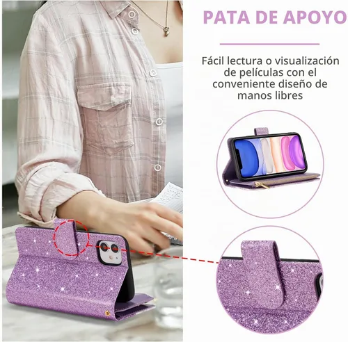Vista 3 de UEEBAI Funda tipo cartera para iPhone 11 de 6.1 pulgadas, piel sintética con purpurina, cierre magnético, bolsillo con cremallera, ranuras