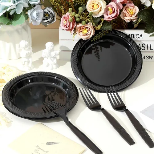 Vista 4 de Hushee 600 platos de postre de plástico negro de 6 pulgadas con tenedores de 7 pulgadas para aperitivo de pastel, 300 platos pequeños desechables