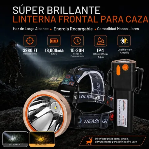 Vista 2 de Linterna de cabeza LED recargable de alta potencia - Impermeable, linterna de cabeza ajustable, linterna de cabeza manos libres para acampar