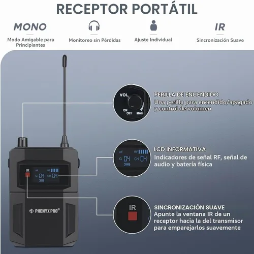 Vista 3 de Phenyx Pro PTM-11/PTM-22 Sistema de monitores intrauditivos mono inalámbricos con receptor Bodypack, rendimiento con frecuencias ajustables