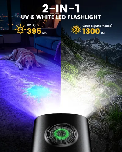 Vista 2 de Linterna UV recargable, luz negra de 395nm y luz blanca de 1300LM