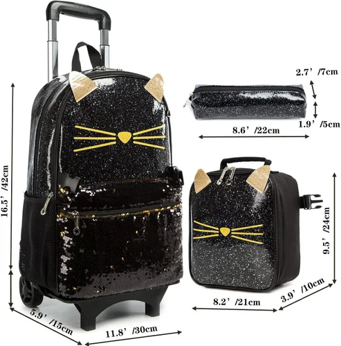 Vista 2 de Egchescebo Mochila de viaje para niños pequeños con ruedas para niños, mochila desmontable para niñas, color rosa, Negro-220223-l, Mochilas de viaje
