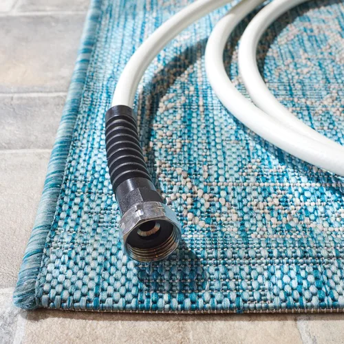 Vista 6 de SAFAVIEH Alfombra lavable al aire libre, colección Courtyard - 2'3" x 5', azul aguamarina y gris, no desprende pelusa y fácil limpieza, ideal