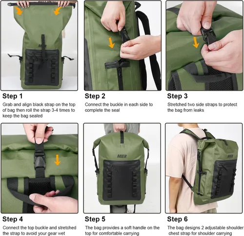 Vista 7 de MIER Mochila impermeable Saco con cierre de parte superior enrollable Bolsa seca ligera, Mochilas tipo mochila