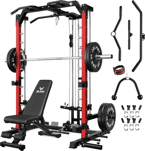 Vista 26 de JELENS SR01 Smith Machine, jaula de potencia multifunción de 2000 libras con sistema de extracción LAT, estante para sentadillas todo en uno