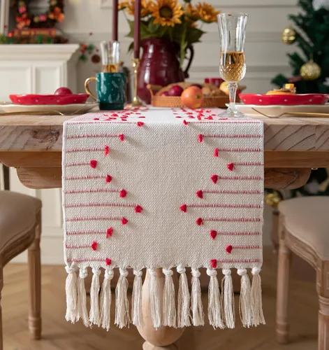 Vista 14 de Camino de mesa bohemio de 13 x 48 pulgadas de largo, tejido de algodón natural con borlas para decoración de mesa de comedor del hogar