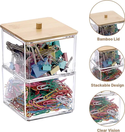Vista 7 de BTSKY Organizador de clips de papel transparente apilable con tapa de bambú de 2 capas, caja de clips de papel, accesorio de oficina de acrílico