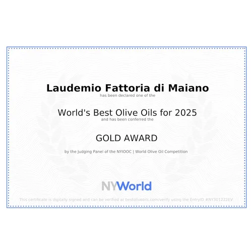 Vista 5 de Sanniti Laudemio Aceite de oliva virgen extra orgánico Fattoria di Maiano, ganador del premio de oro en la competencia mundial de aceite de oliva