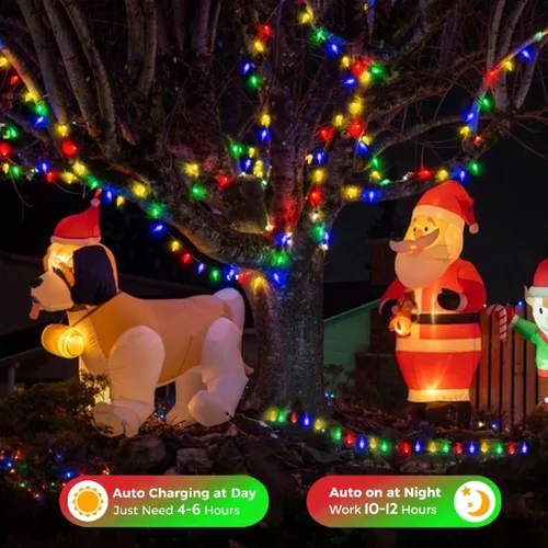 Vista 5 de 39 pies 100 luces LED solares C6 LED de Navidad – al aire libre, 8 modos C6 fresa multicolor cadena de luces para árbol de Navidad, vacaciones