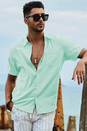 Vista 220 de JMIERR Camisas de vestir a rayas con botones y manga corta para hombre