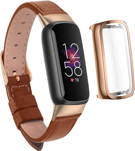 Vista 10 de Correa de reloj compatible con Fitbit Luxe, elegante correa de cuero delgada, pulsera suave de repuesto para Fitbit Luxe Fitness, protector de Negro