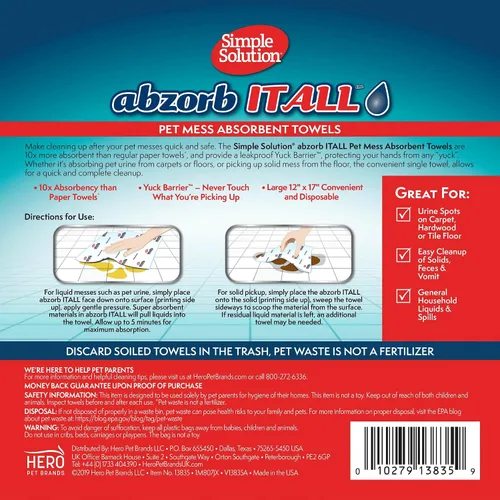 Vista 2 de Simple Solution Abzorbitall - Toallas absorbentes, limpiador de accidentes