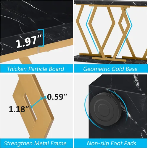 Vista 7 de Tribesigns - Mesa de sofá extra larga de 70.9 pulgadas. Mesa consola en negro y dorado con superficie de mármol sintético, mesa larga moderna