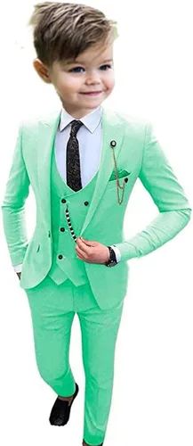 Vista 5 de Traje formal de 3 piezas de un botón para niños, esmoquin con solapa de pico y chaleco, conjunto de pantalones para boda
