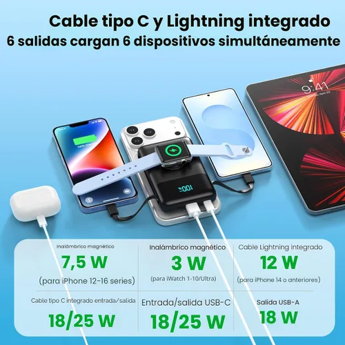 Vista 5 de Cargador portátil magnético para iPhone con cable incorporado, banco de energía inalámbrico de 10800mAh para Magsafe, esencial de viaje, paquete
