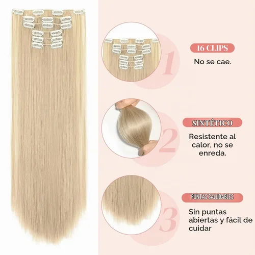 Vista 4 de LONAI 6 extensiones de cabello con clip, 24 pulgadas de largo, lacio, sintético, postizo para mujer, rubio ceniza natural