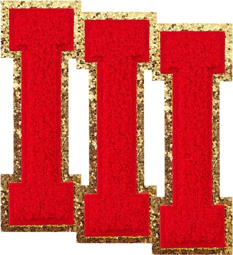 Vista 42 de 3 parches de letras de felpilla roja, parches de letras termo-adhesivas de 4-1/2" con brillantina para ropa, S
