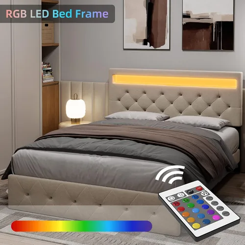 Vista 4 de Base de cama Queen con cabecera de luces LED, marco de cama LED con puerto USB de carga rápida, marco de cama de plataforma tapizada, no necesita