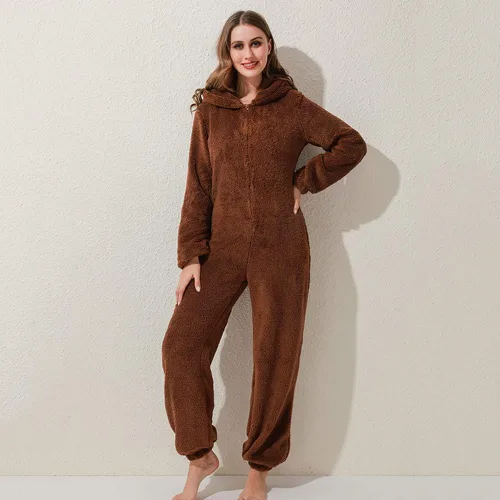 Vista 12 de Pijama de forro polar para mujer, mameluco cálido de sherpa, ropa de dormir de una pieza con cremallera y capucha