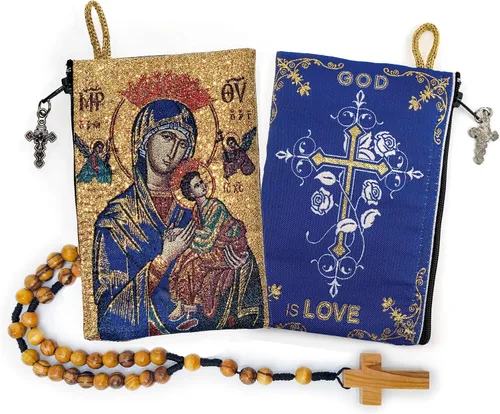Vista 20 de Bolsa de rosario con cuerda católica de madera de olivo, rosario de Israel, Jesús Rey del Universo y creo en Dios, tela tejida, estilo tapiz, bolsa