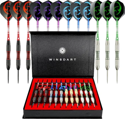 Vista 7 de WINSDART Steel Tip Darts 12 Pack Set with Nonslip Iron Barrel Aluminum Dart Shafts and Flights Darts Sharpener an Gift Box