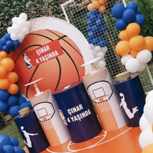 Vista 3 de Fundas de soporte de cilindro con temática de baloncesto para fiestas de cumpleaños de niños, cubierta de pedestal con patrón de cesta, decoración