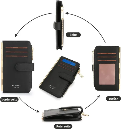 Vista 2 de PERFECB - Cartera para mujer, con bloqueo RFID, delgada, plegable, para tarjetas de crédito, con cremallera simple, Negro -, Cartera con tarjetero