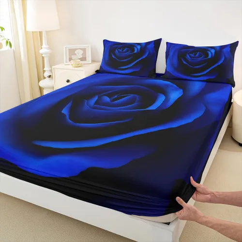 Vista 7 de Erosebridal Juego de sábanas de rosas tamaño individual, color azul, diseño romántico para mujeres, niñas, esposa, pareja, día de San Valentín