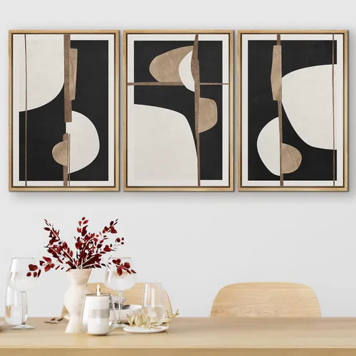Vista 445 de SIGNFORD - Set de obras de arte en lienzo enmarcado para pared, ilustraciones abstractas de neblina del desierto en tonos neutros beige y marrón