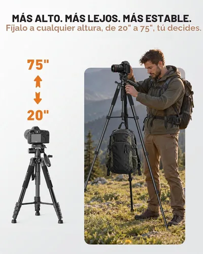 Vista 5 de Trípode de cámara de 75 pulgadas, soporte de cámara de aluminio resistente para teléfono iPad, trípode de viaje con/bolsa de transporte/soporte