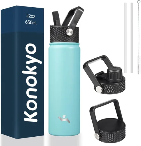 Vista 105 de Konokyo - Botella de agua aislada de 18 onzas, botellas deportivas de acero inoxidable con 3 tapas, verde militar