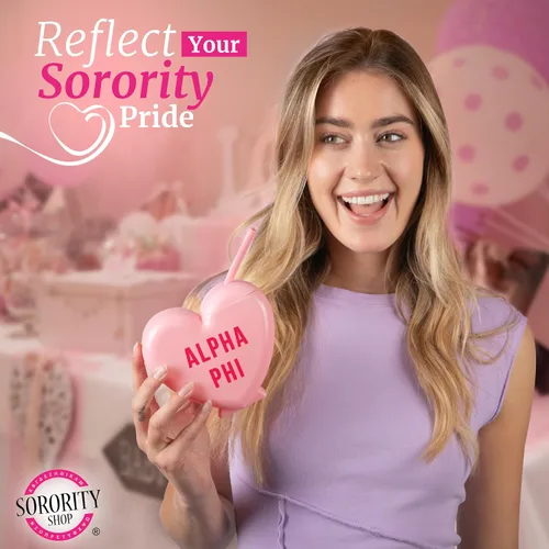 Vista 2 de Sorority Shop Theta Phi Alpha - Vaso con popote en forma de corazón, de 16 onzas, con tapa y popote de silicona, vaso de plástico reutilizable