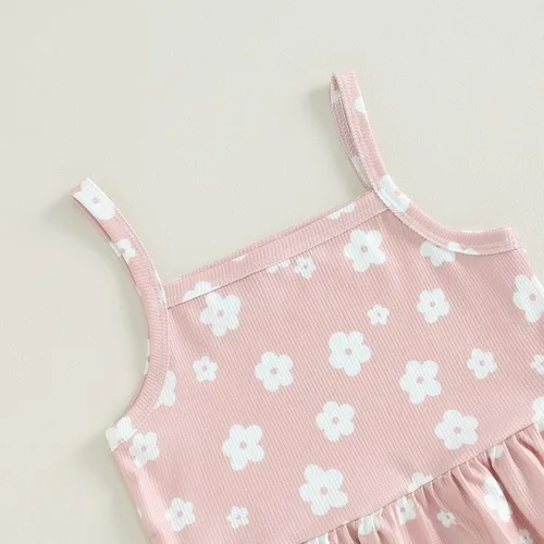 Vista 4 de Ropa de verano para bebé niña, sin mangas, estampado floral, correa acanalada, parte superior acampanada, pantalones de 2 piezas