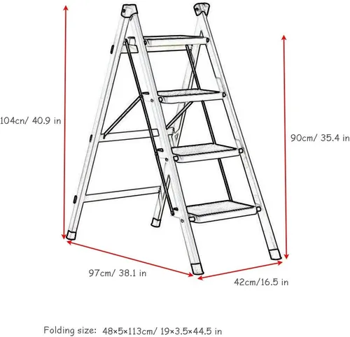 Vista 2 de Escaleras, taburete plegable para adultos mayores y niños, escalera portátil resistente de 4 escalones con pedal ancho antideslizante, acero, carga