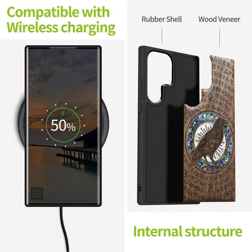Vista 4 de Carveit Funda de madera para Samsung Galaxy S22 Ultra [grabado de madera e incrustaciones de carcasa] Funda de madera compatible con cargadores