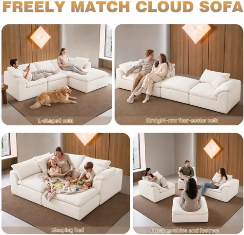 Vista 5 de Sofá seccional de nube sin hueso de 110 pulgadas para sala de estar, sofá modular en forma de L de gran tamaño con otomana, sofá seccional de Blanco