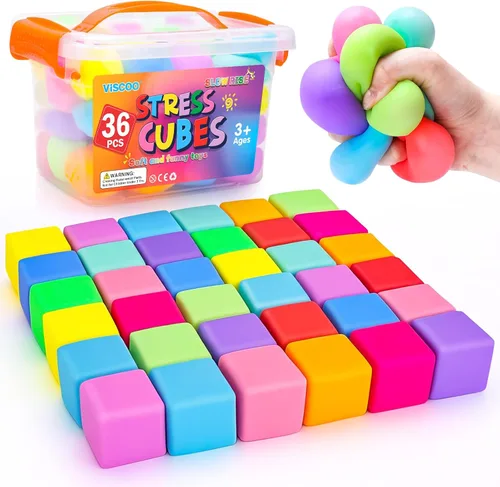 Vista 10 de Paquete de 12 cubos de estrés de aumento lento, bolas de estrés para masa, juguetes para aliviar la ansiedad, cubo suave, juguetes elásticos
