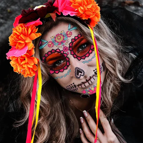 Vista 7 de KEPATO 2 diademas para el Día de los Muertos, corona de flores mexicanas con tatuaje facial para mujeres, Día de los Muertos