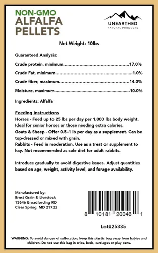 Vista 3 de Unearthed Pellets de alfalfa sin OMG – Alfalfa curada al sol 100% pura, sin aditivos ni rellenos Alimento premium para conejos, caballos, cabras